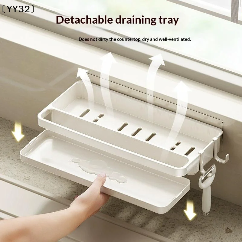 Dishwashing Utensil Rack With Hanging Hooks Kitchen Storage Shelf With Ventilated Water Catch Tray Moisture-Proof〔YY32〕