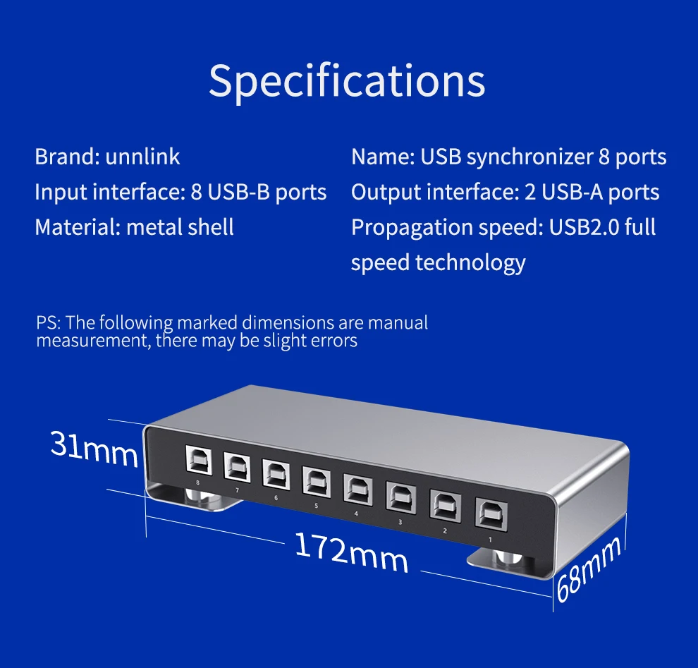 Unnlink USB 8-portowy kontroler Aynchroniczna klawiatura i mysz Udostępnianie 8 szt. Komputerowy przełącznik KVM Rozdzielacz Rozdzielacz do monitora