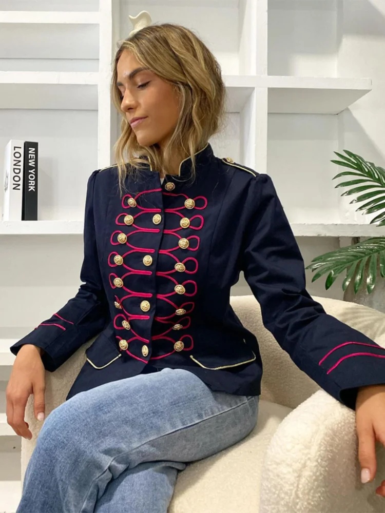 Women's Solid Napoleon Jacket Chic Stand Neck Single Breasted Long