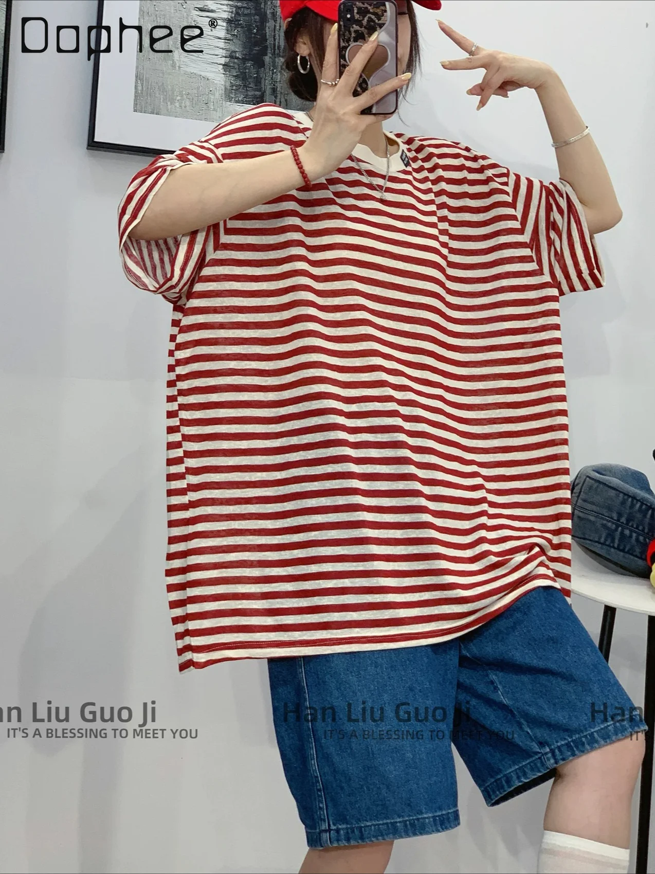 

Oversized T-shirt 2026 Summer Korean Version Loose Striped Short-sleeved T-shirt Medium and Long Fashion Contrasting Top