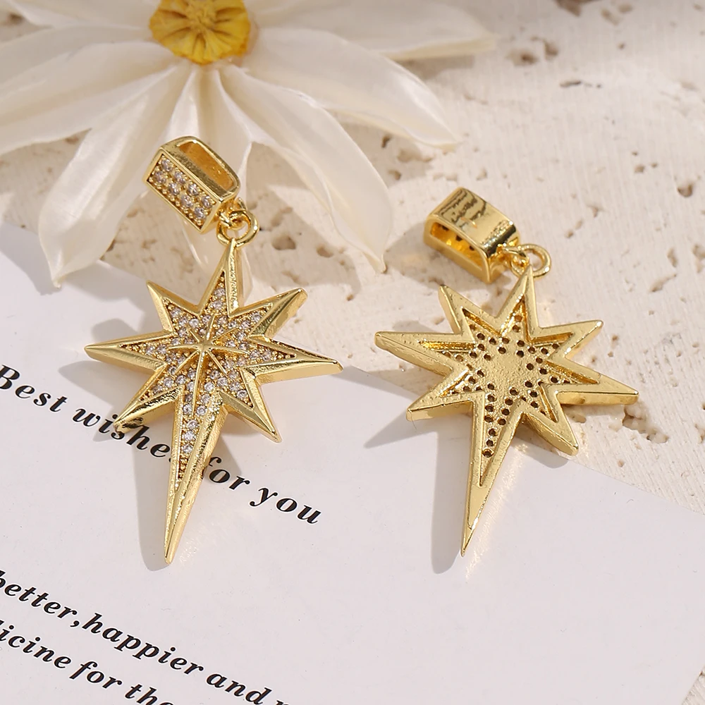 1PCS vergoldete CZ 8-Punkt-Stern-Anhänger DIY handgemachte Schmuck Charms für Geschenkherstellung Bulk Großhandel Zubehör