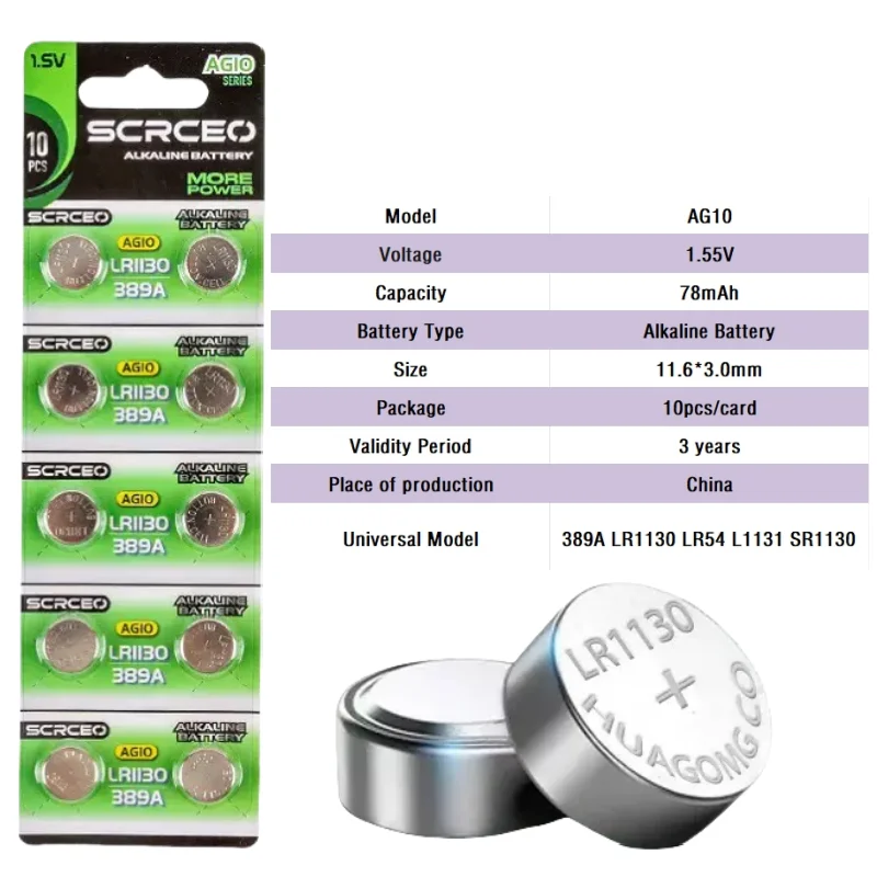 10-200PCS AG10 LR54 Cell Coin Battery SR54 389 G10189 LR1130 SR1130 1.55V 78mAh  Alkaline Button Batteries for Watch Toys Remote