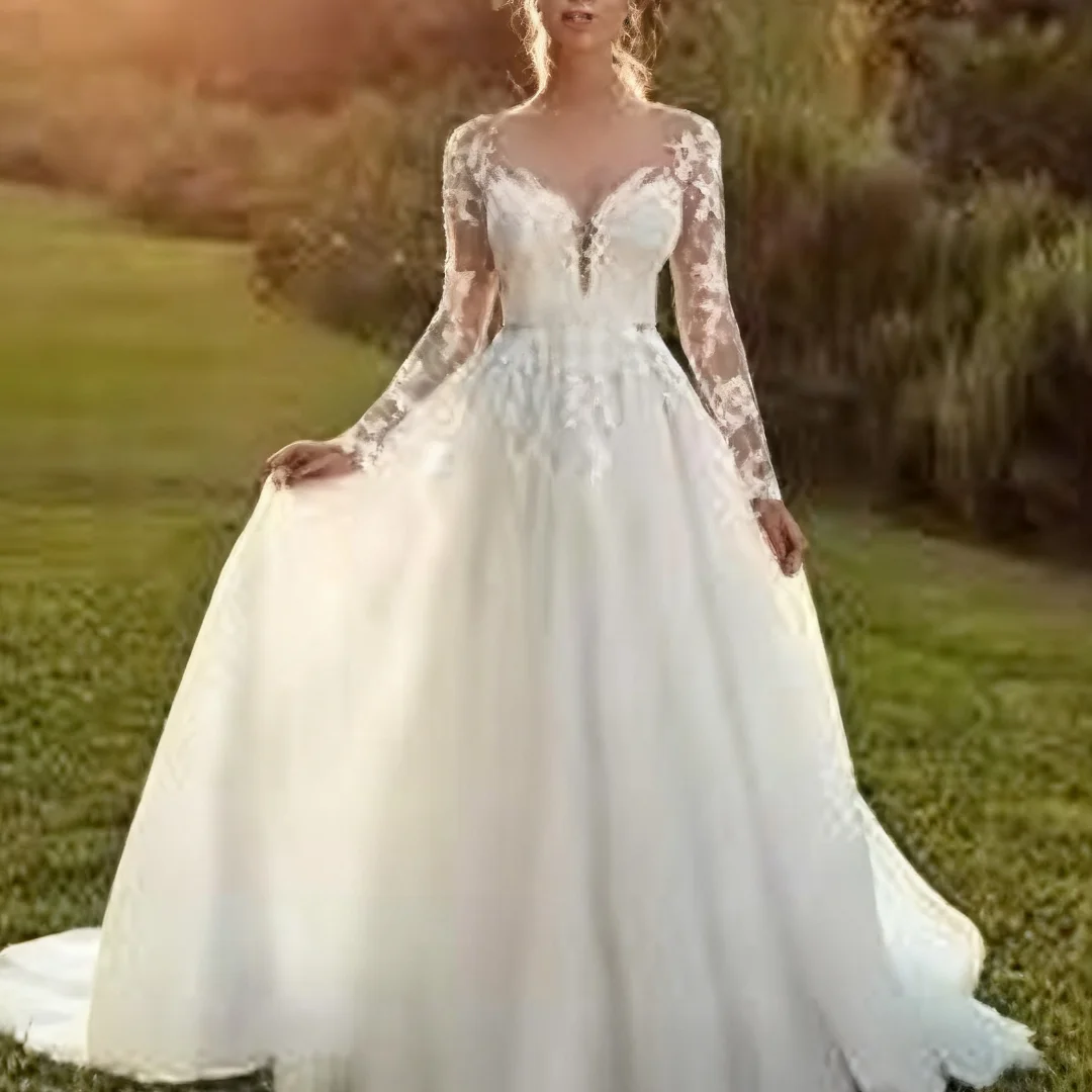 

Customized Wedding Dress Women Long Sleeves Illusion Back Scoop Bride Gown Applique A-Line Tulle Formal Bride Porm Party Gowns