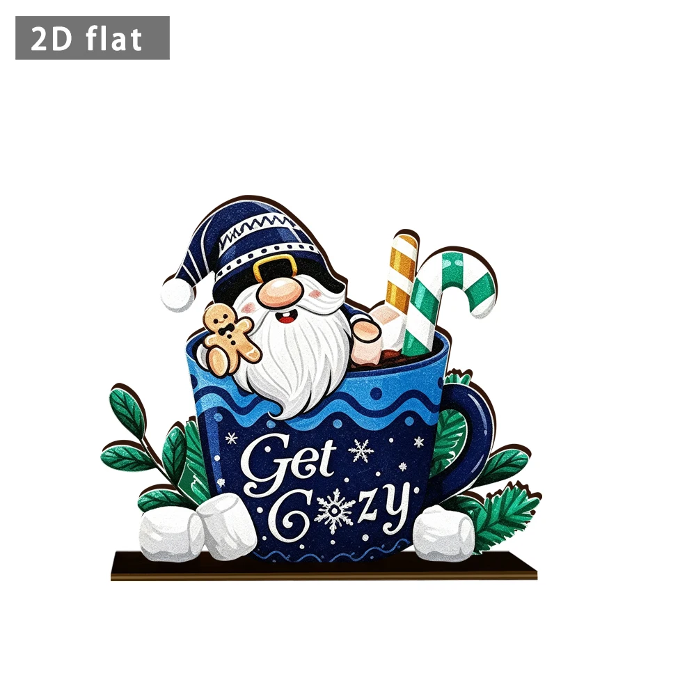 Wooden Christmas Tabletop Ornament, 2D Flat Gnome in Hot Cocoa Cup Sign, Get Cozy Winter Holiday Desktop Decoration