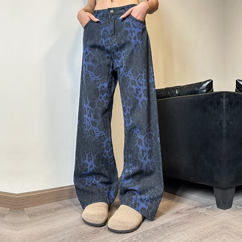 Women\'s Leopard Print Jeans Vintage Casual Straight Pants Streetwear Loose Wide Leg Pants Y2K Baggy Denim Trouser