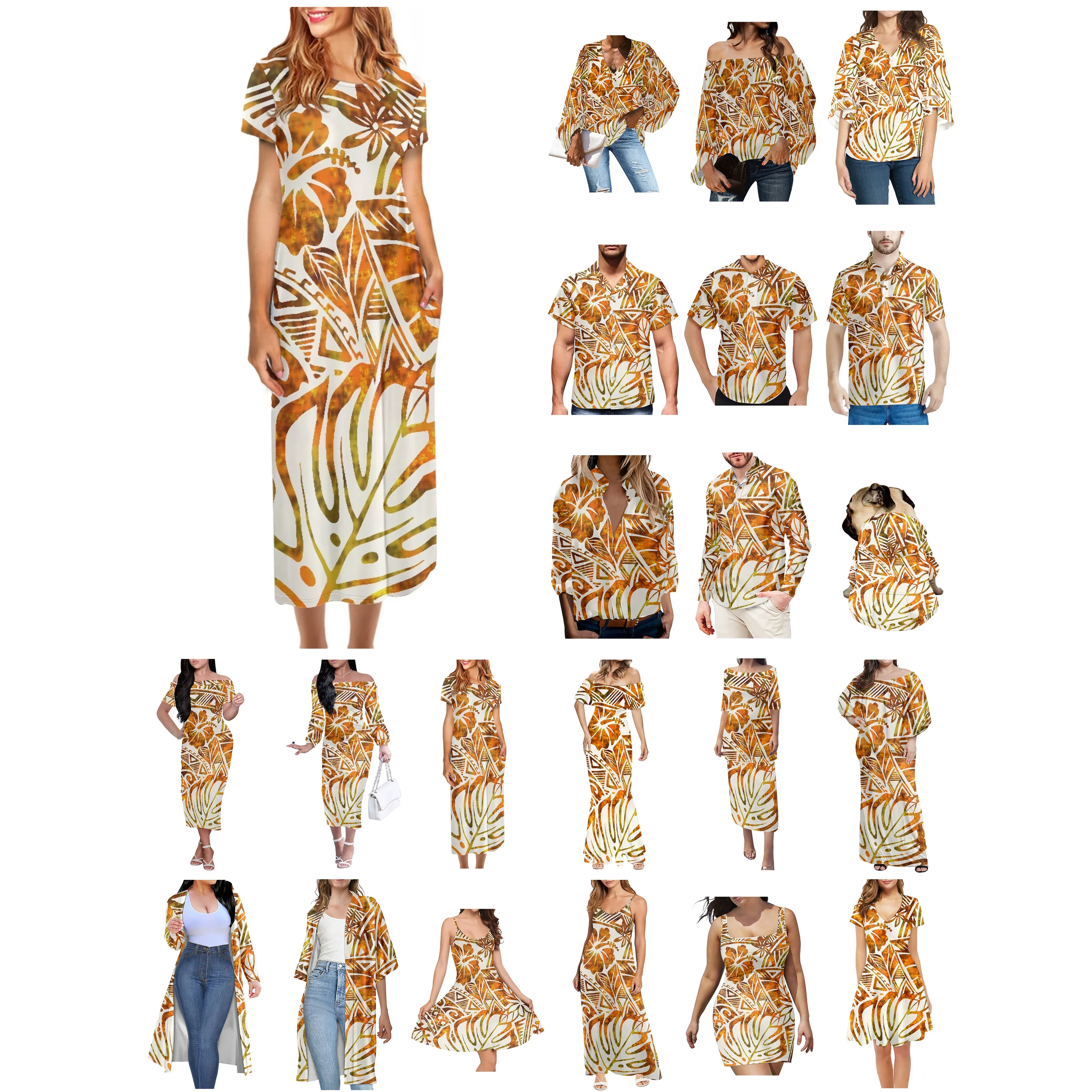 Polynesian Tonga Hawaii Fiji Guam Samoa Pohnpei Tribal Tattoo Orange Prints Couple Party Suits Women Dress Matching Men Shirt