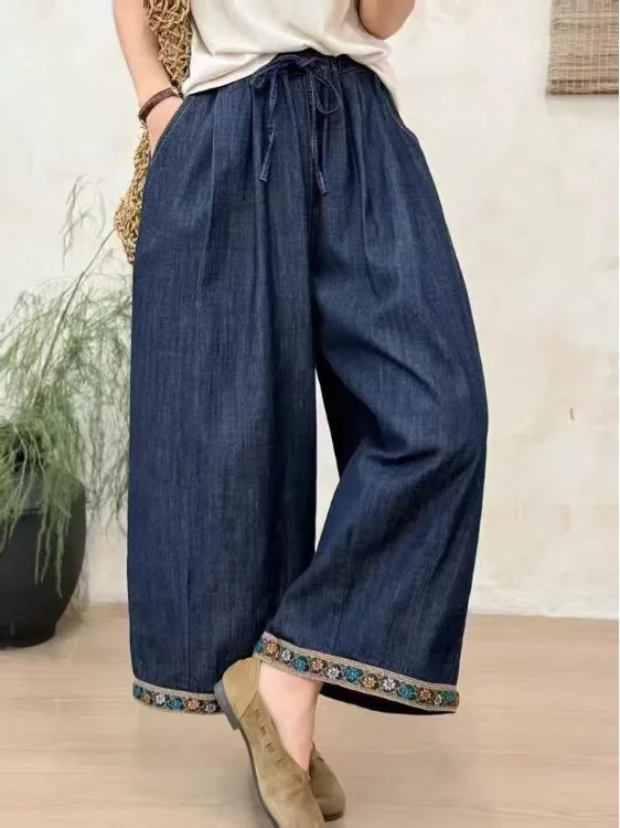 

Летняя тонкая кружевная прямая джинсовая юбка с вышивкой, свободные тонкие широкие брюки с девятью точками, повседневная юбка с высокой талией