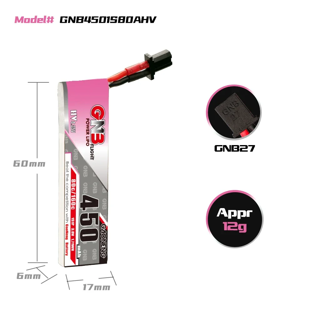 GAONENG GNB 450mAh HV 1S 80C 160C 3.8V 케이블 GNB27 LiPo 배터리, BetaFPV Beta75X Happymodel Mobula6 Mobula7 Snapper