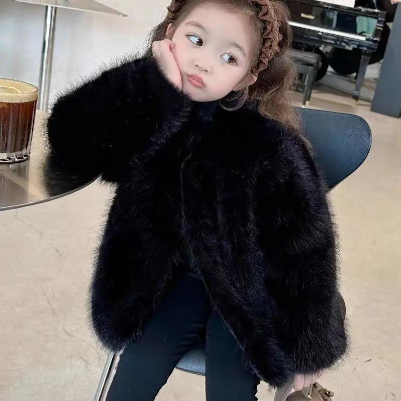 

Children's Fur Coat Girl Hundred with Foreign Gas Korean Version Baby Solid-coloured Round Neck Fur Tops100-150cm