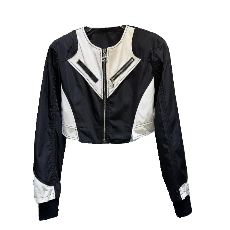 Street Sle Metal Zipper ort Jaet Women's Faion Trend Bla White Contrast Spicy Girl Outerwear Autumn New Arrival