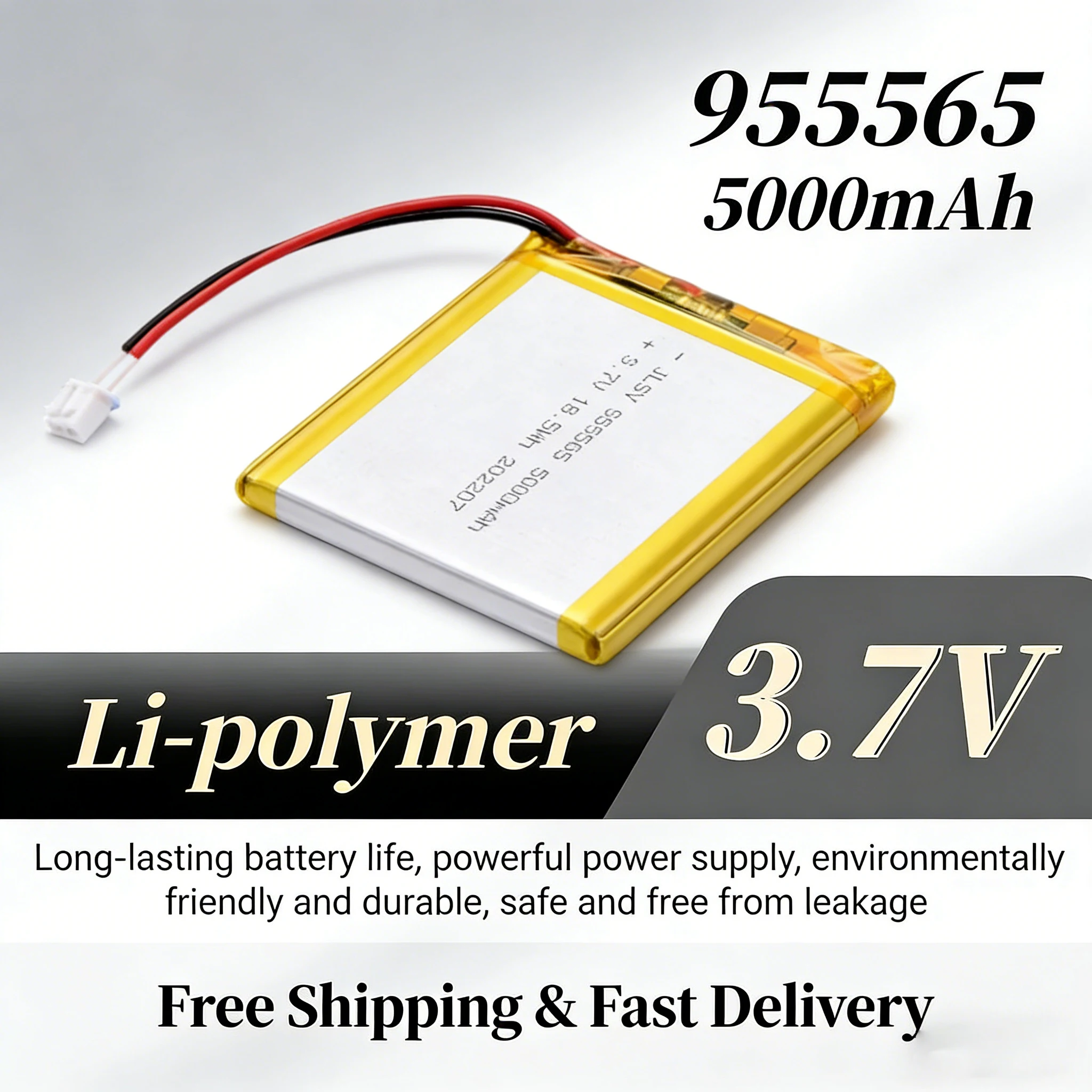

5000mAh 3.7V 955565 Large Capacity Lithium Battery JST 2.0mm 2-Pin for Portable Video Player LED Monitor DIY Smart Home Lipo