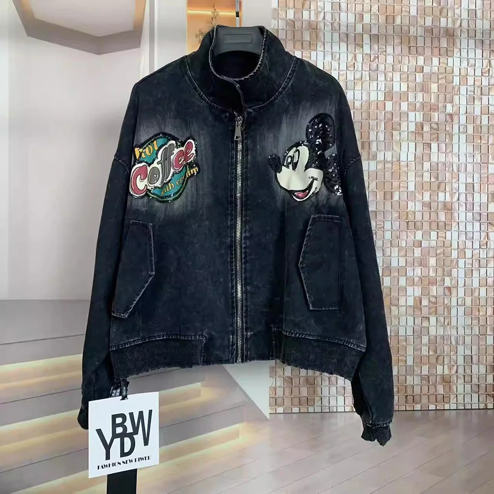 

plus Size Top Spring Autumn Collared Mickey Cartoon Loose Zipper Jacket Fashionable Heavyweight Casual Outerwear