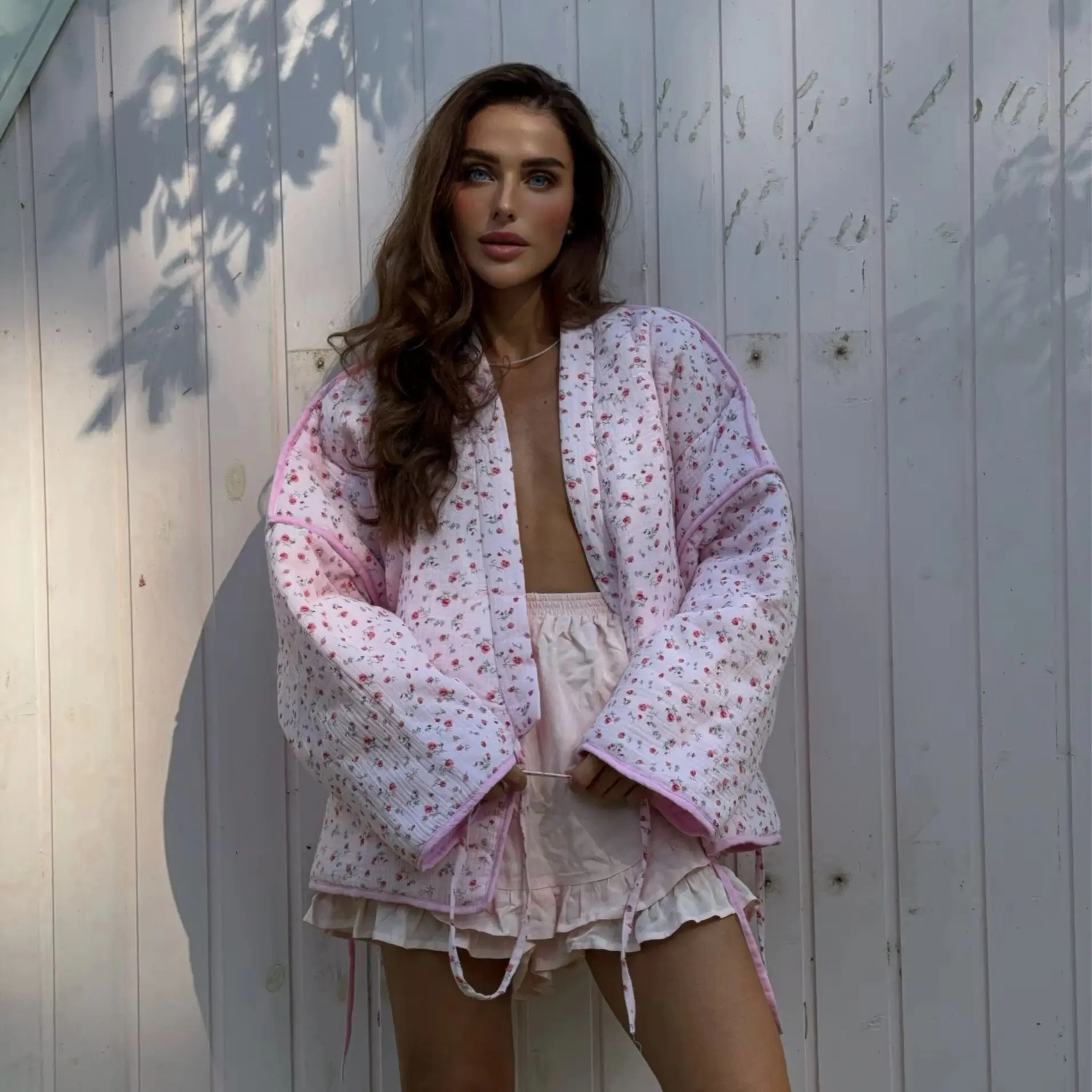 

2026 Women Cozy Romantic Kimono Jacket Pink Ditsy Floral Print Outerwear Casual Stylish Sweet Female Retro Loungewear
