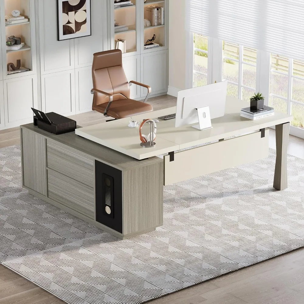 Mesa em forma de L de 71 polegadas com prateleira de armazenamento, conjunto de móveis de negócios para escritório doméstico, cinza e branco creme
