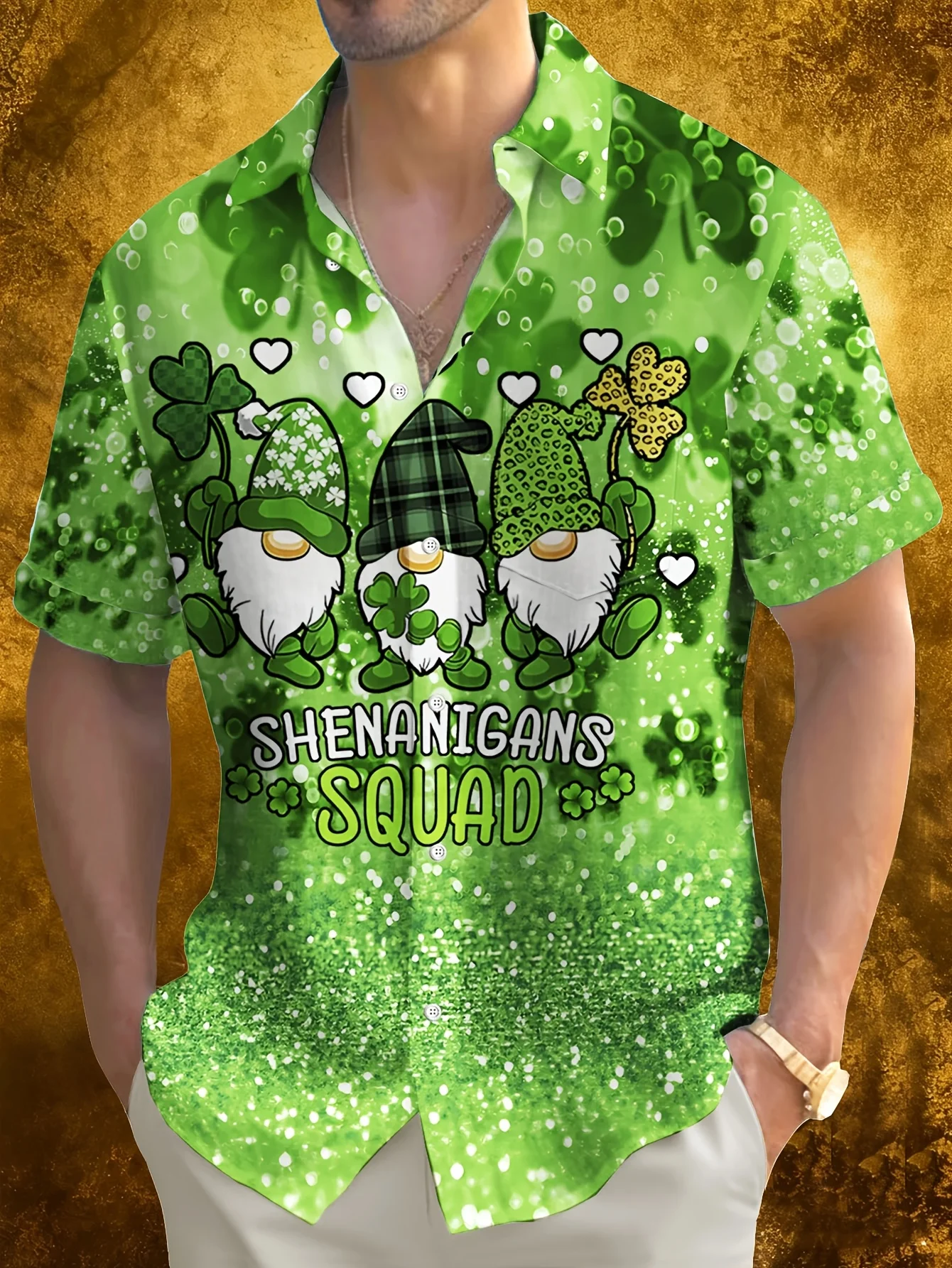 

Men's Hawaiian Shirt St. Patrick's Day Gnome Shamrock Squad Print Short Sleeve Button Down Aloha