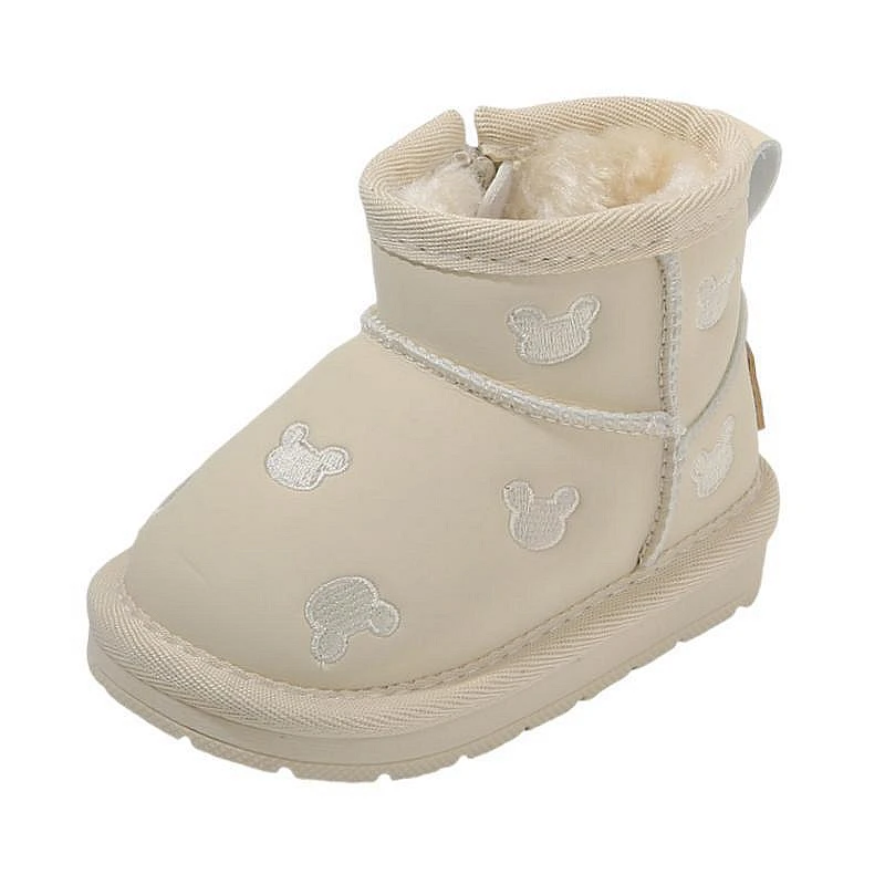 Cute Snow Boots For Baby Girls Beige Black Microfiber Leather Ankle Booots For Toddler Boys Winter 0-3Years Infant Walkers