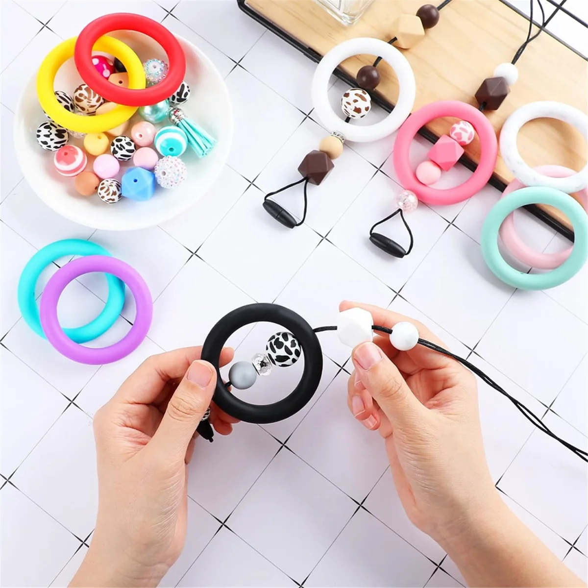 32Pcs Silicone Beadable O Rings 65mm Round Silicone Loop with 2 Hole for DIY Keychain Necklace Bracelet Jewelry Making