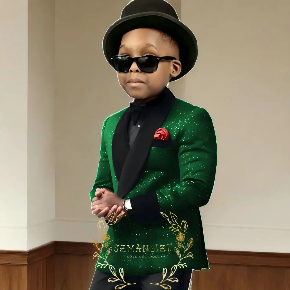 Shiny Black Boys Suit Double Breasted Jacket Pants 2 Piece Set Business Style Formal Wedding Tuxedo Custom Size Blazer Kids