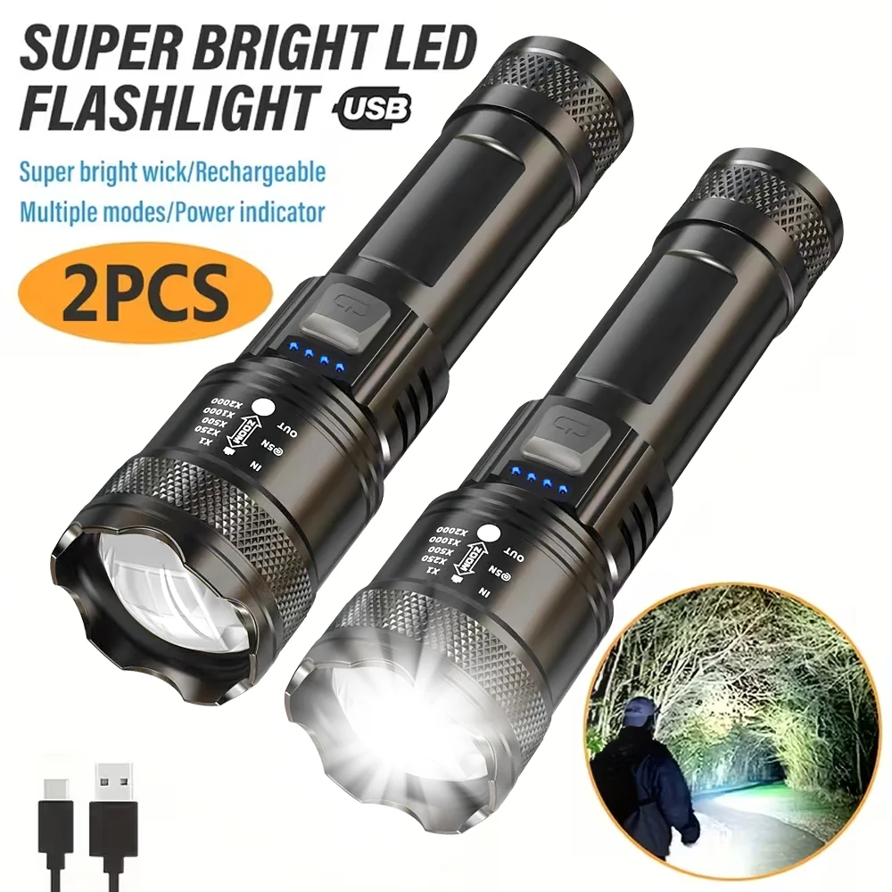 Super Bright LED Flashlight USB Rechargeable Zoomable Light Tactical Torch Outdoor Emergency Camping Fishing Waterproof Lantern