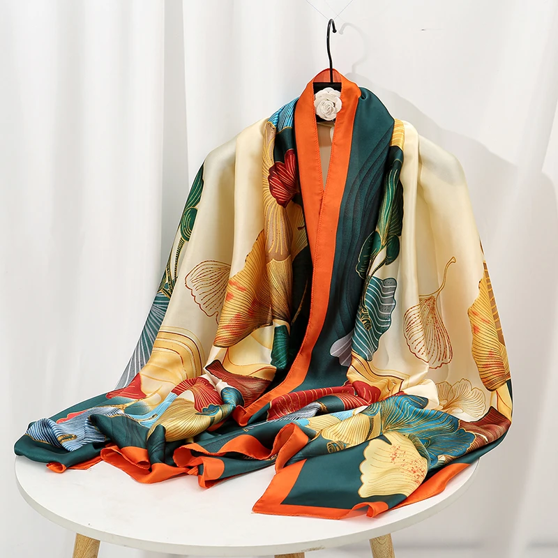 Ladies Printed Silk Shawl Brocade Satin Leaf Pattern Scarf Big Size Long Shawls Travel Sun Protection Cape 180*85cm