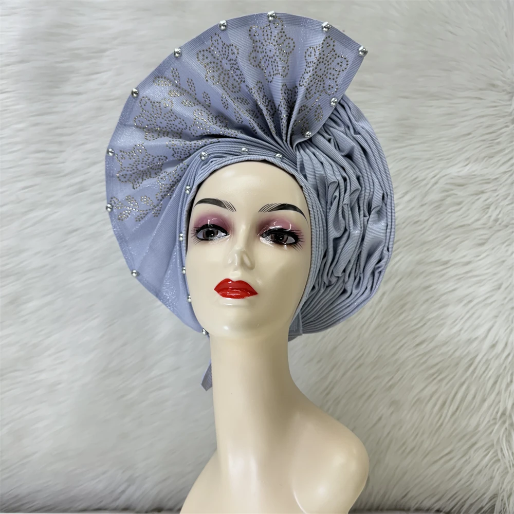 Fashion Pure Color Nigerian Gele Headtie Aso Oke Gele Already Made Auto Gele Aso African Turban Cap With Beads For Party 1Piece