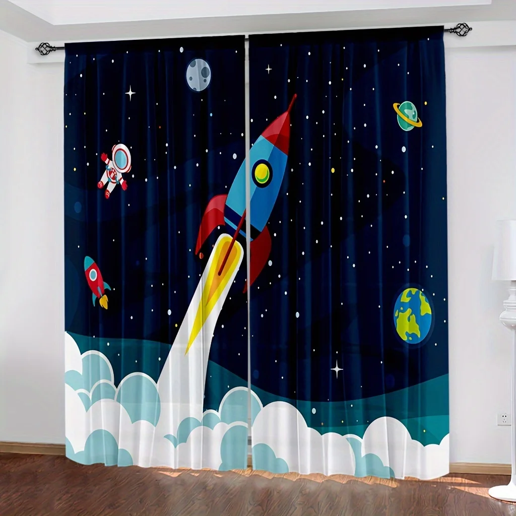 2PCS Cartoon Rocket Curtains Boys Girls Galaxy Rocket  Astronaut Rod Pocket Window Treatments Blue Curtain.