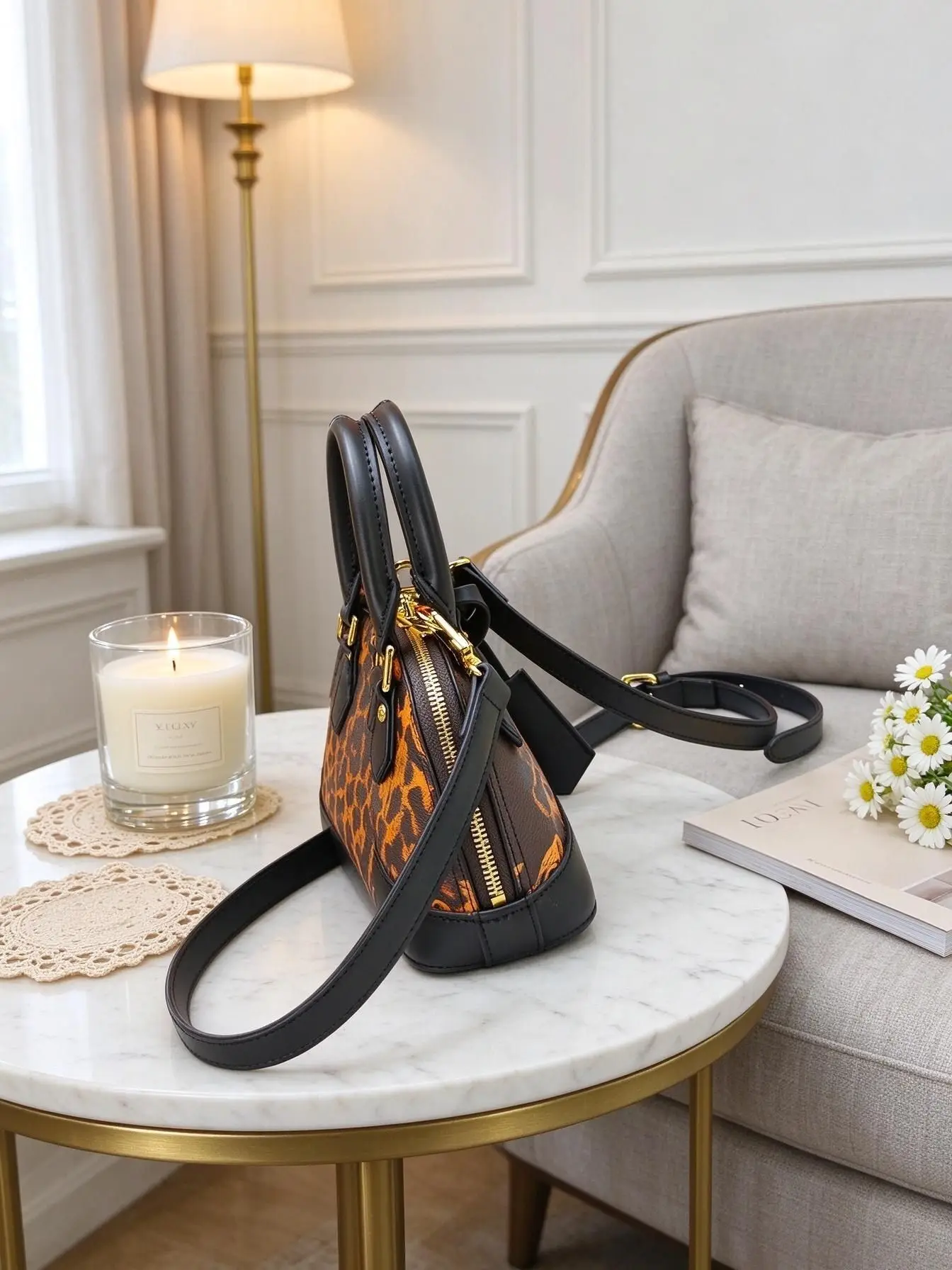 Unisex Mini Leopard Print Dome Handbag Faux Leather Splicing Top Handle Bag Detachable Adjustable Shoulder Strap Crossbody Purse