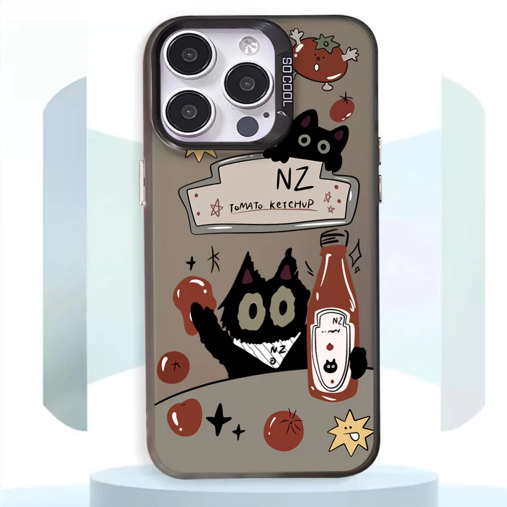 Cartoon tomato little black cat Phone Case For iphone11 12 13 14 15 16 Pro Max Plus fashion laser colorful silver IMD cover