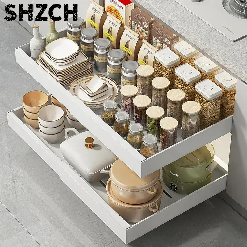 Scalable Kitchen Storage Rack Cabinets Organizer Pull-out Slide Rails Drawer Type Storage Tray Spice Box Storage Racks