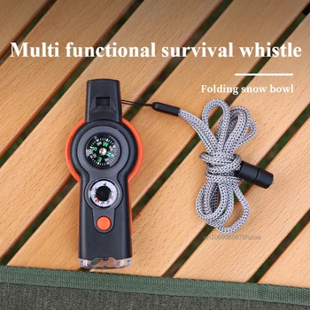 Silbato multifuncional 7 en 1, silbato de supervivencia para acampar al aire libre con luz LED, termómetro, brújula, accesorios de viaje para senderismo