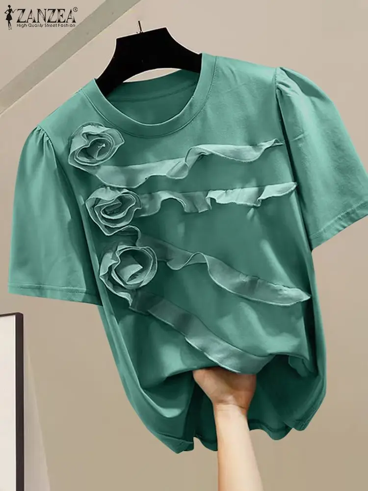 

Корейская мода, однотонные туники ZANZEA, женские футболки с коротким рукавом 2024, Летние повседневные топы с оборками, винтажная рубашка с круглым вырезом и 3D цветами