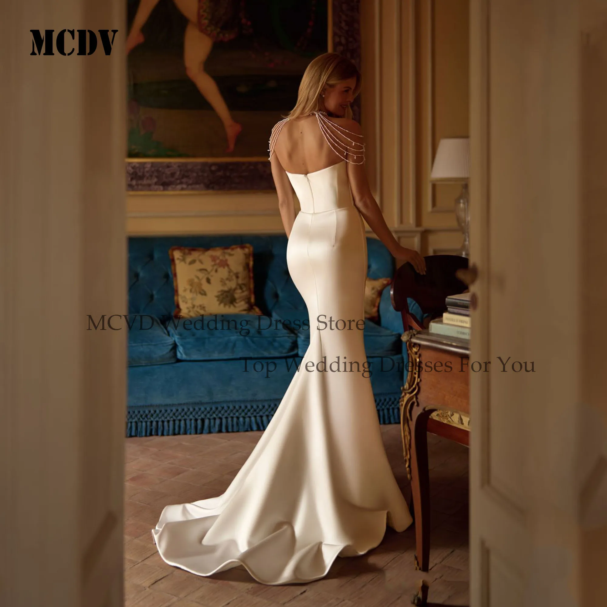 신부를위한 MCDV 웨딩 드레스 럭셔리 Strapless 인어 민소매 구슬 신부 드레스 현대 새틴 vestidos de novia 맞춤형