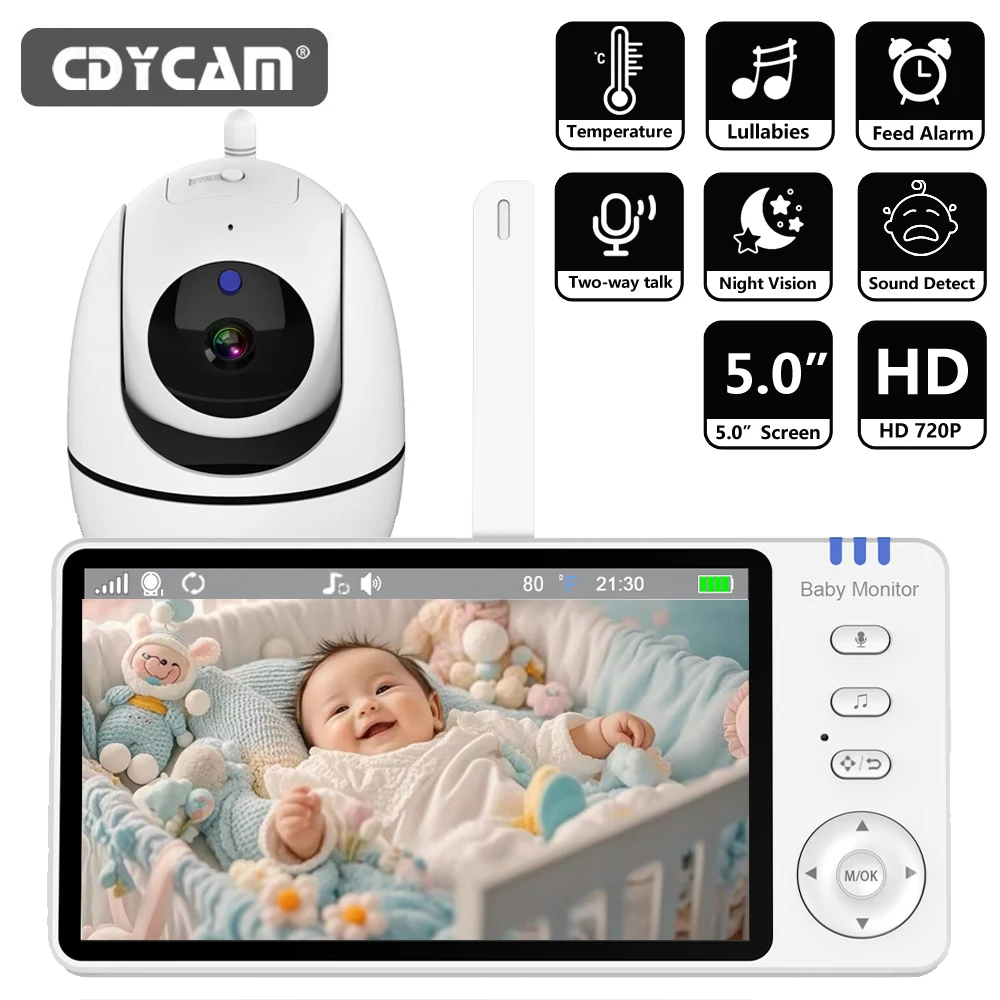 

Cdycam 2025 5,0-дюймовый радионяня, аккумулятор 3500 мАч, IPS-экран с няней, PTZ-камерой, двустороннее аудио VOX, колыбельная, зарядка через USB ABM501