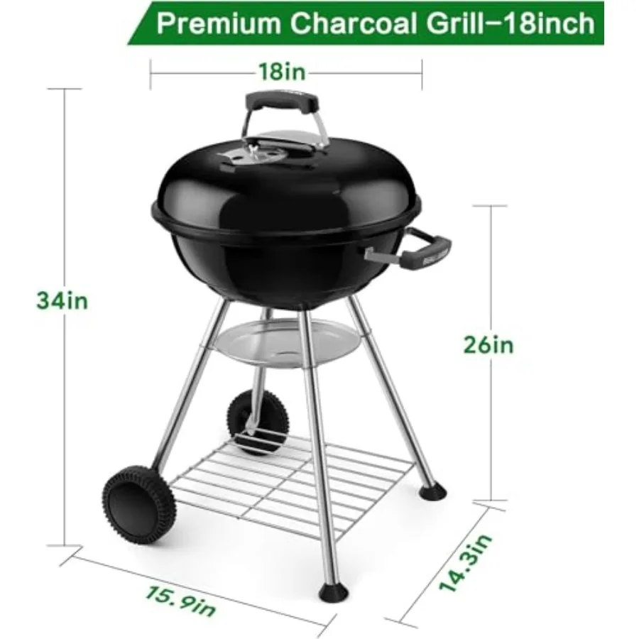 Charcoal Grill 18 Inch for Outdoor Cooking BBQ Barbecue Coal Kettle Bowl Grill Portable Heavy Duty Round with Wheels Grilling f