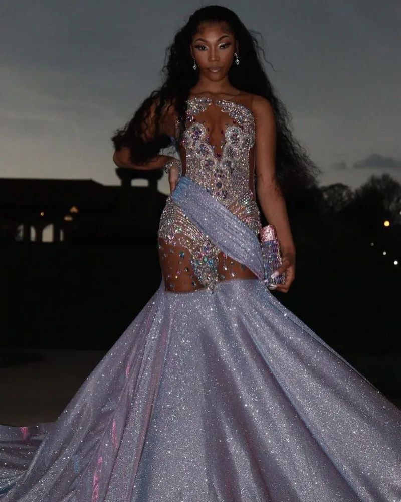 Gliter Mermaid Prom Dresses For Black Girls 2023 Rheinstone Beading African Women Pageant Party Gowns Vestido De Graduación