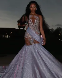 Gliter Mermaid Prom Dresses For Black Girls 2023 Rheinstone Beading African Women Pageant Party Gowns Vestido De Graduación