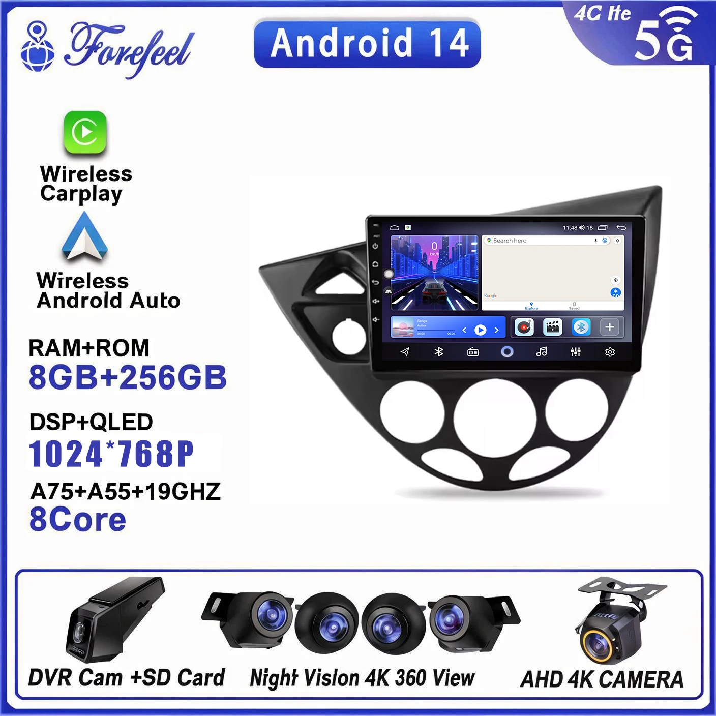 Radio Android 16 para Auto, para Ford Fiesta 1995-2001, Focus Mk1 1998-2004, Unidad Principal Estéreo, Reproductor Multimedia, 2K, DVD, 5G, Bluetooth, HDR