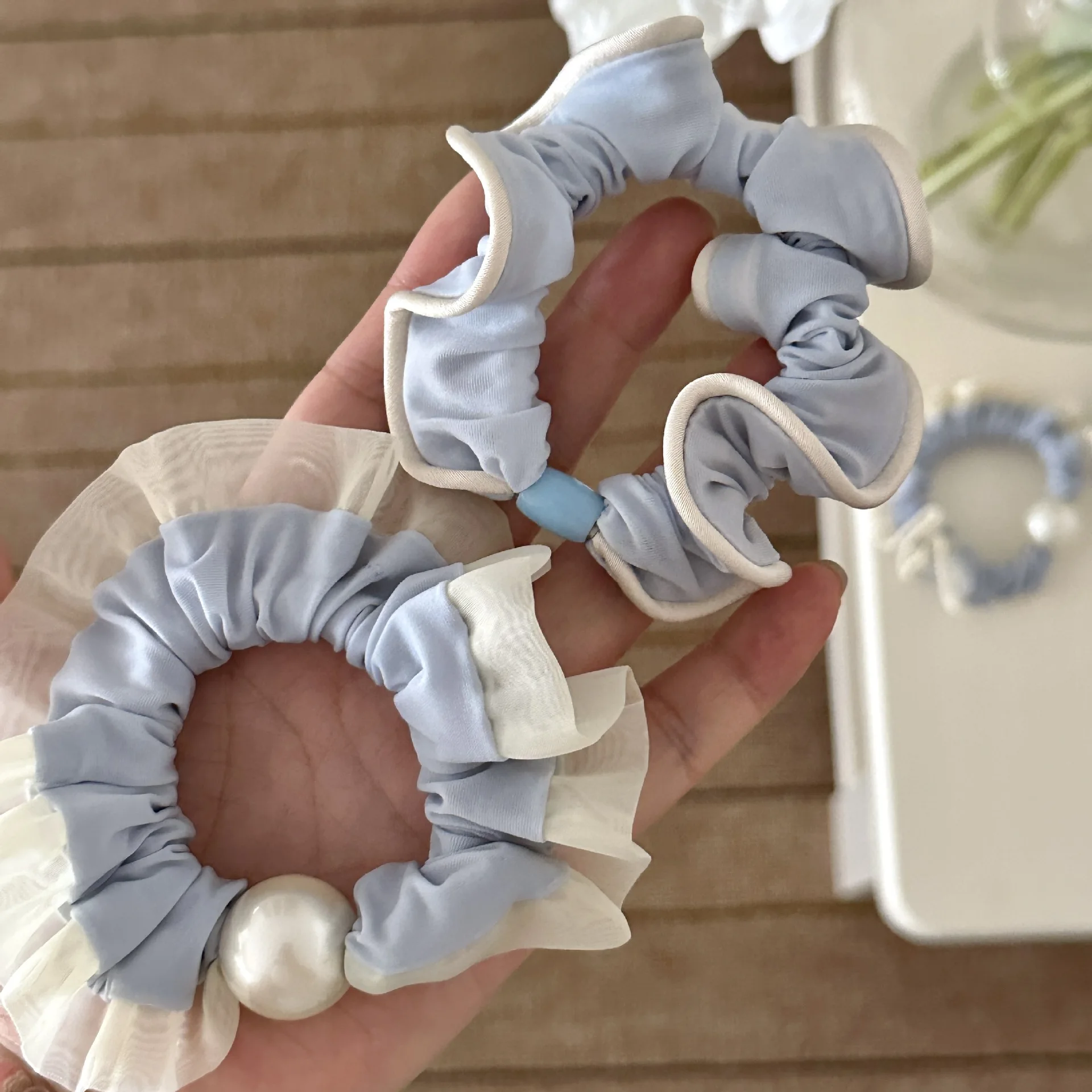 Fashion Hair Band 1PCS Blue Soft Pearl Lace Trim Beaded Thin Elastic Gentle for Women Girls