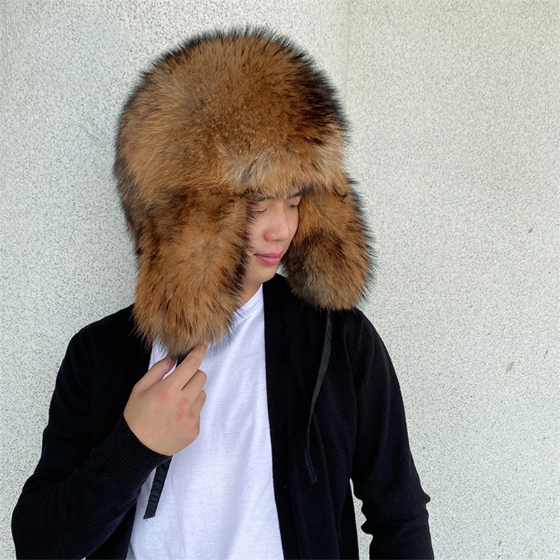 Men 100% Real Raccoon Fur Hat Thicken Winter Warm Ushanka Ear Warm Outdoor Fashion Hat Female Natural Fur Bomber Hats Russian