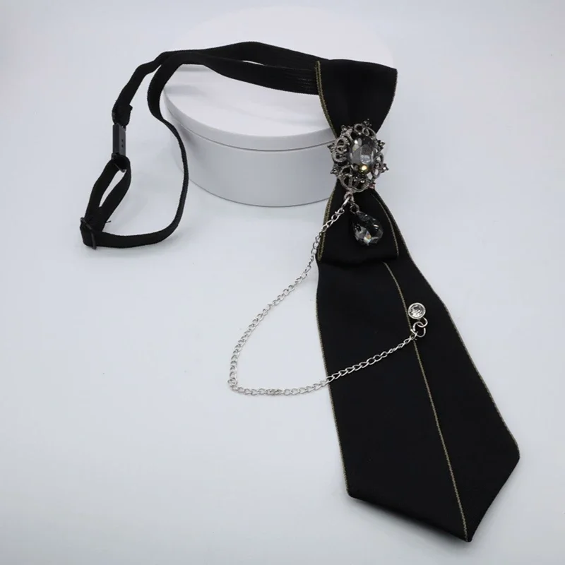 Men Women Steampunk Black Necktie Gothic Metal Chain Crystal Pendant Jewelry Bowtie Adjustable Pre-Tied Bow Tie R7RF