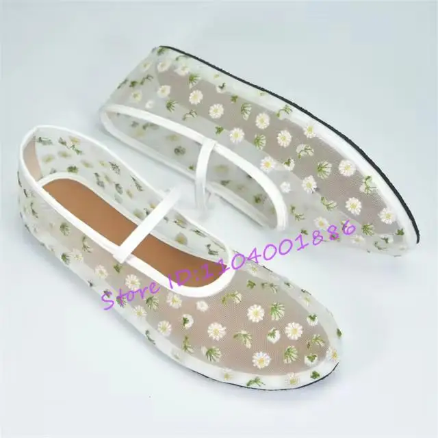 Summer New Mesh Ballet Flats Round Toe Floral Embroidery Mary Jane Shoes Black White Apricot Slip On Elegant Casual Women Shoes