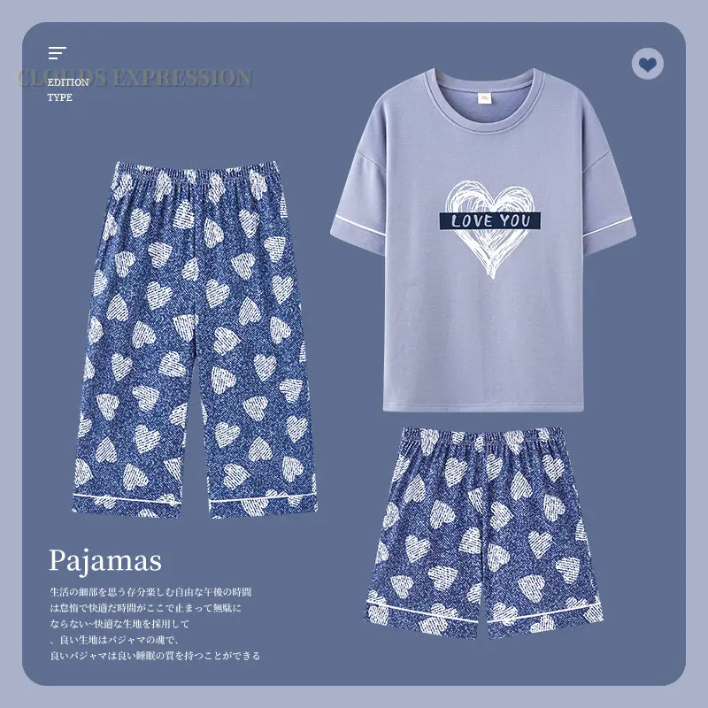 3 Pieces Sets Nightwear Kawaii Girls Capris Women's Pajama Sets Pyjamas Femme Cartoon Sleepwear Loungewear Pijama Mujer Homewear