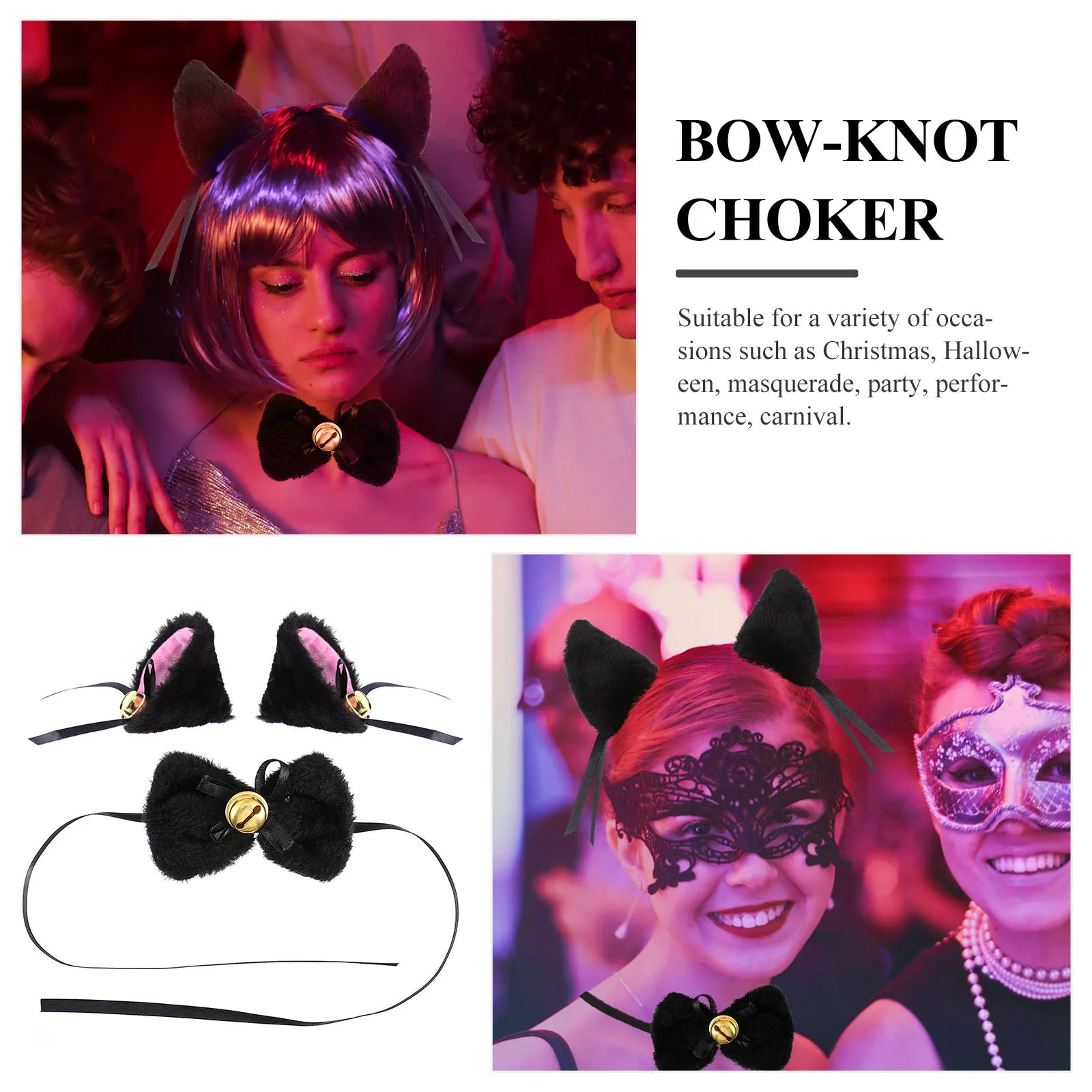 

1Set Cat Ear Hairpins Bow Knot Choker Necklace Set Comfortable Costume Accessory for Halloween Christmas Masquerade Party