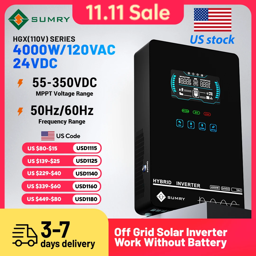 Sumry 4KW 120V Off Grid Solar Inverter 24V 140A 5600W MPPT Charger Pure Sine Wave Home Inverter 6.25 Inch LCD Display