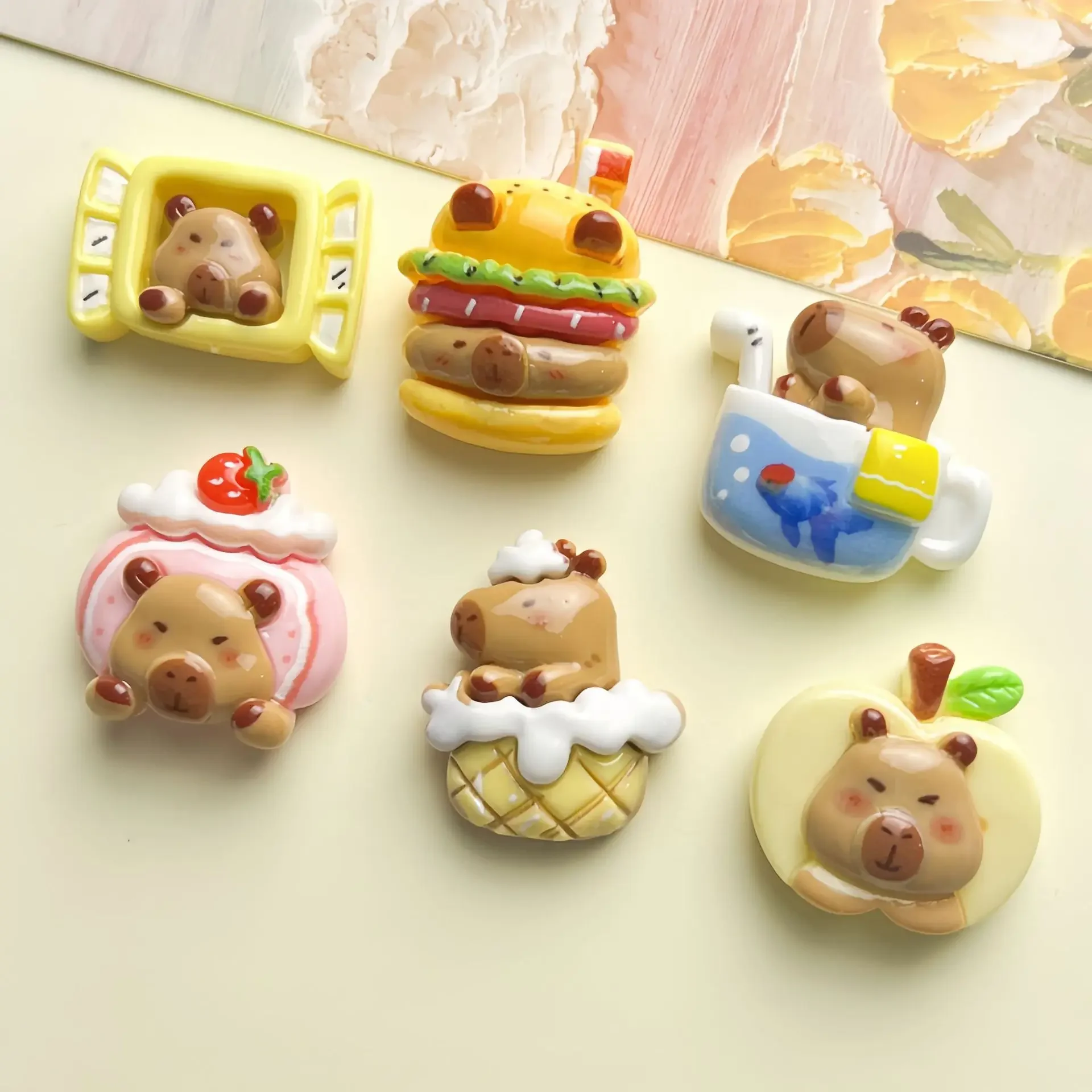 5pcs cute cartoon funny apple strawberry Capybara Resin Flatback Cabochons Diy Crafts Materials Jewelry Making Charms