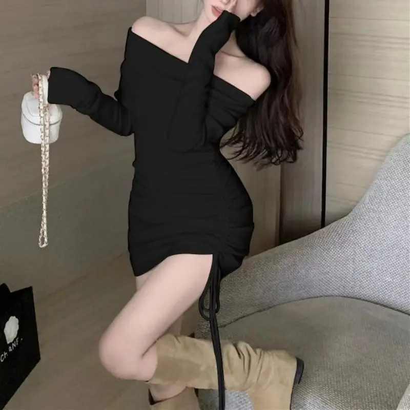 New Off-shoulder Long-sleeved Knitted Dress Women's Hot Girls Drawstring Pleated Long Hip Dresses Woman Vestidos De Manga Larga