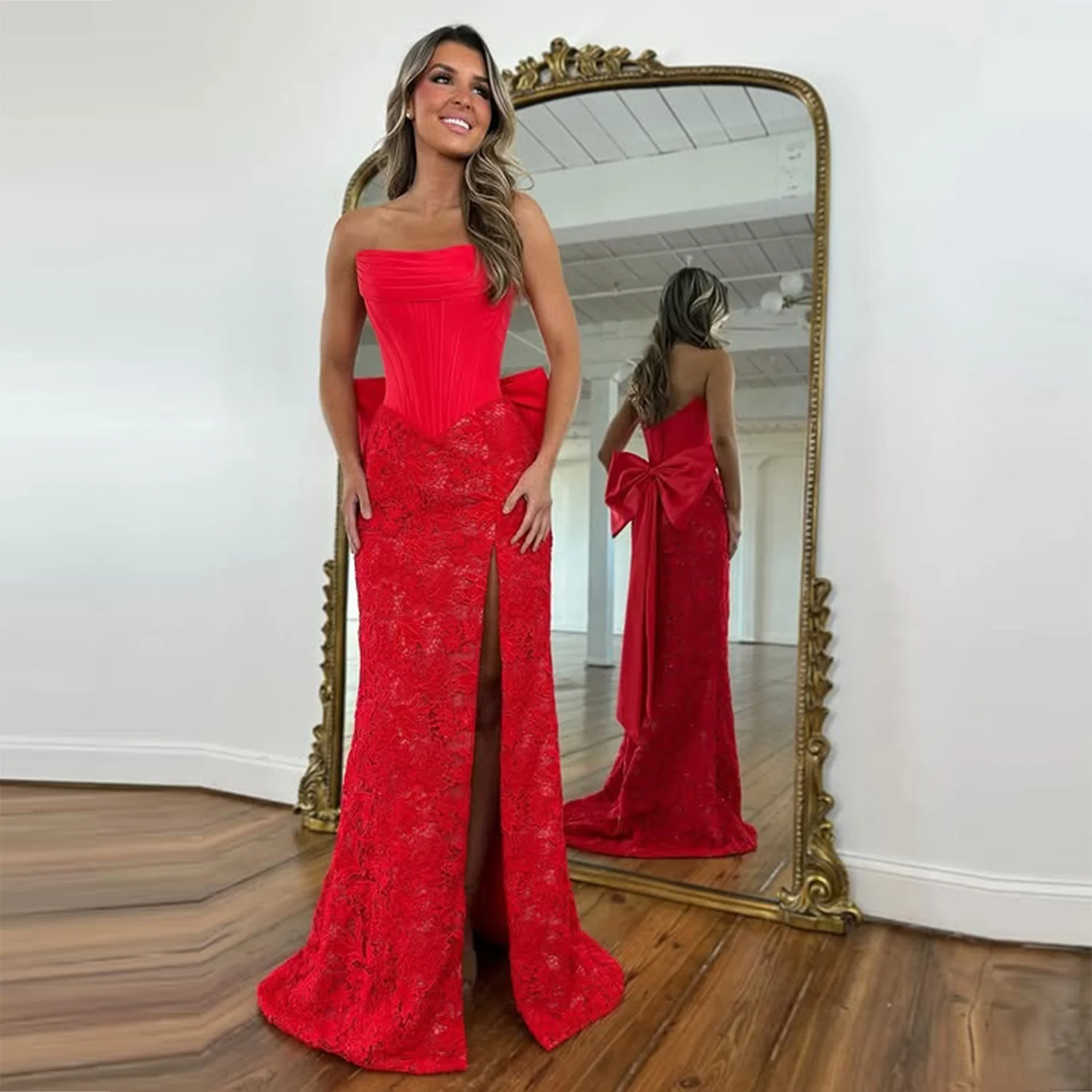 

Gorgeous Red Strapless Lace Prom Dress With Bow On Back Sexy High Split Floor Length Evening Gowns Girls Formal Party Dress