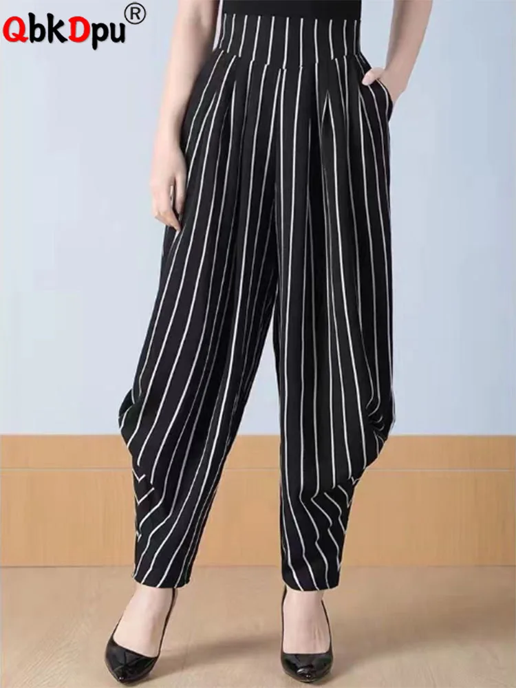 

Casual Women Stripe Pants Oversized 80kg Baggy Bloomers Pantalones Summer High Waist Long Straight Trousers Korean New Pantolon