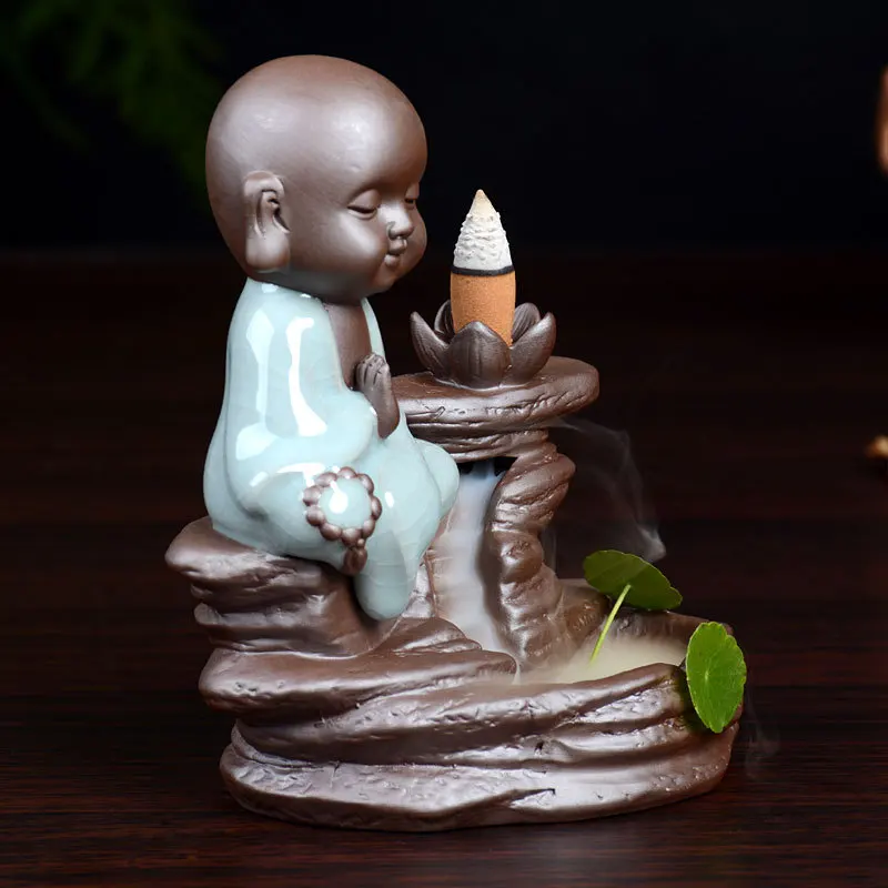 Buddha And Monk Design Backflow Incense Cones Holder Purple Clay Ceramic Censer Home Decoration Teahouse