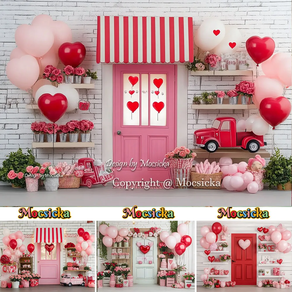 Mocsicka tienda del Día de San Valentín telón de fondo fotografía rosa escaparate corazón globo rosa roja fondo niños cumpleaños foto estudio